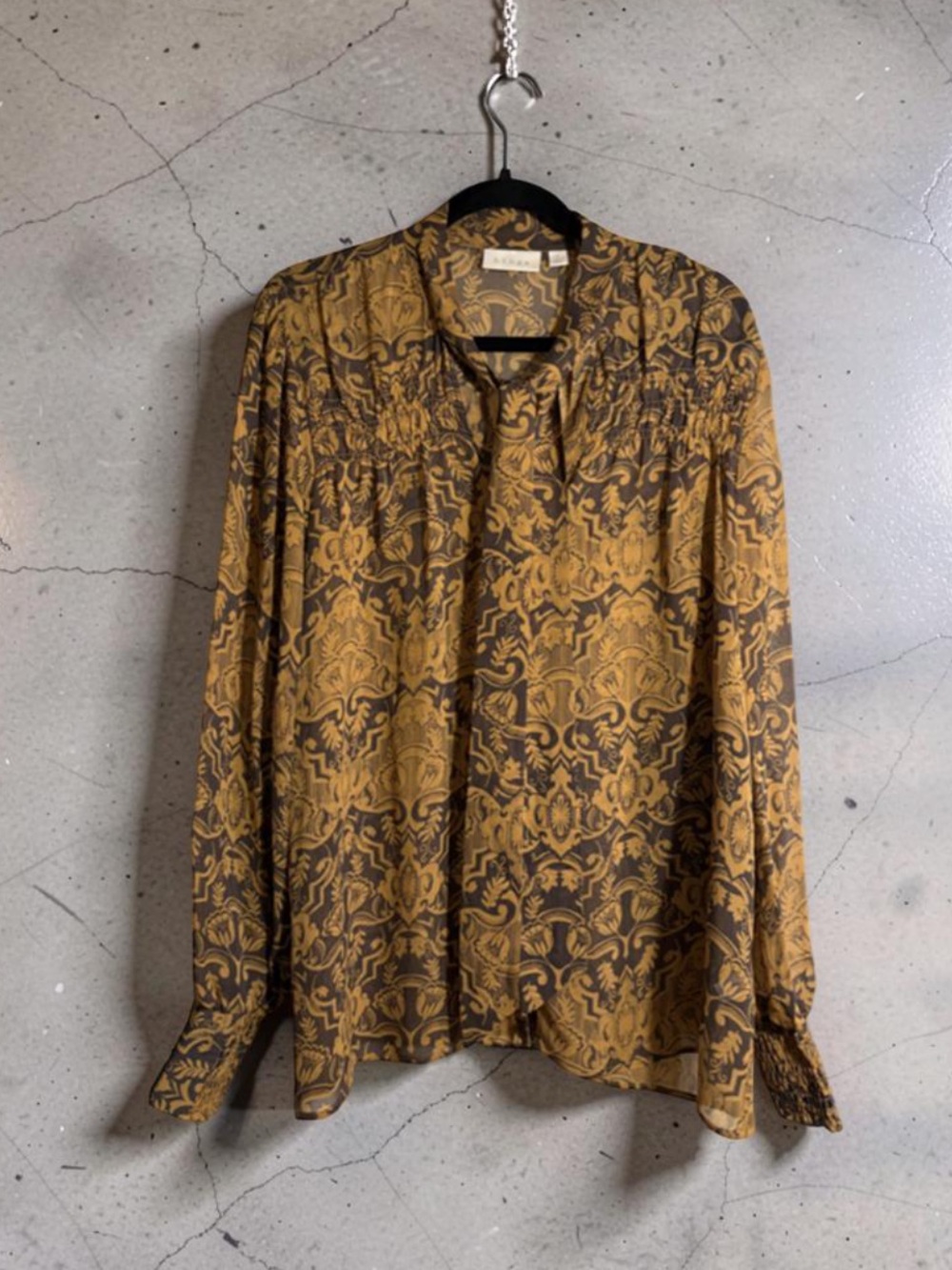 hinge Mustard and Black Printed Long-Sleeve Blouse 100% Silk